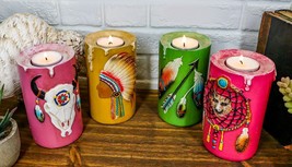 Southwestern Indian Dreamcatcher Feathers Colorful Votive Candleholders Set Of 4 - £39.95 GBP
