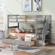 Stairway Twin-Over-Twin Bunk Bed with Three Drawers for Bedroom, Dorm - Gray - £566.09 GBP