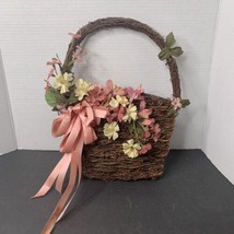 Vintage Handmade Wicker Basket Shaped Wall Hanging Flower Decor And Pink Bow  - £6.39 GBP