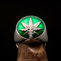 Men&#39;s Ring Cannabis Leaf Marihuana green Medical Weed Symbol - Sterling Silver - £58.47 GBP