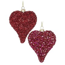 Drop Heart Ornaments Set of 2 Glass with Red Pink Glitter and Sequins 4" High