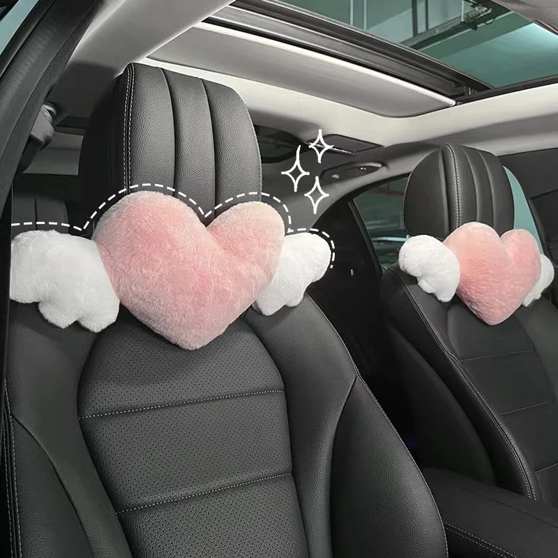 Pink Car Headrest Cushion Neck Pillow Heart Shape Plush Girly Cute Interior Car - £12.47 GBP