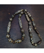 Dzi patterns Asian Burmese Old Pumtek petrified Wood Stone beads necklace - $2,069.66 MXN