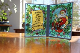 Vintage 2 Panel Stained Glass Christmas Decor Santa Claus Holly Bear Toy... - $277.64 MXN