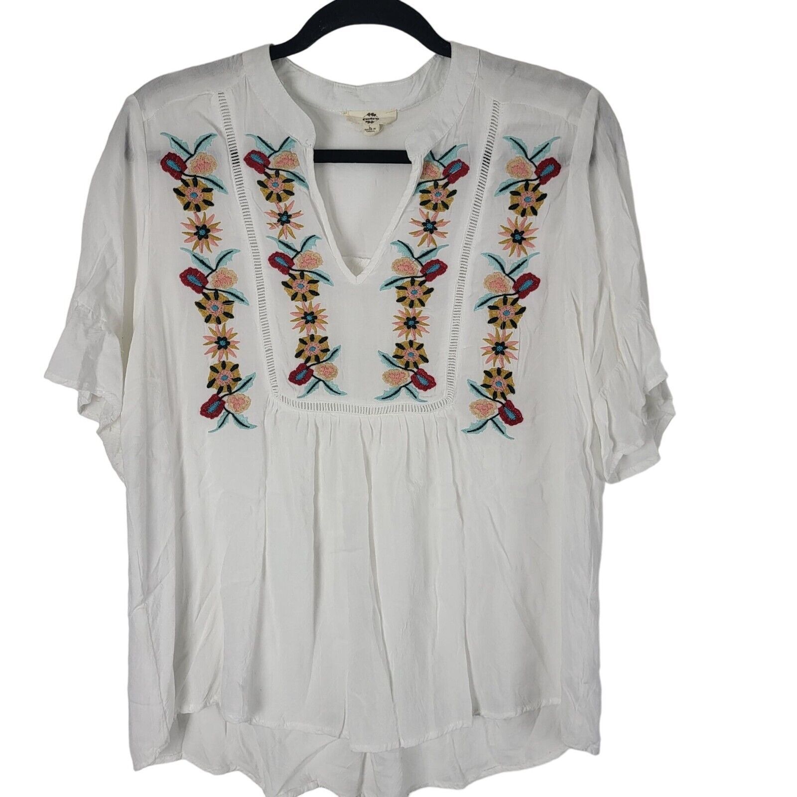 Primary image for Entro Hi Low Blouse L Womens Short Sleeve V Neck Pullover White Embroidered
