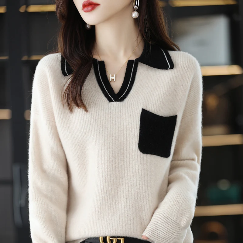 Autumn And Winter New Style Women&#39;s Outdoor Pullover Chic Lapel Panel Loose With - £224.56 GBP
