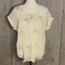 Eddie Bauer V-Neck Floral Blouse, Large, Cotton, Sheer, Short Sleeve - £15.97 GBP