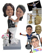 Personalized Bobblehead Groom Carrying Lovely Bride With Cute Little Puppy - Wed - £135.11 GBP