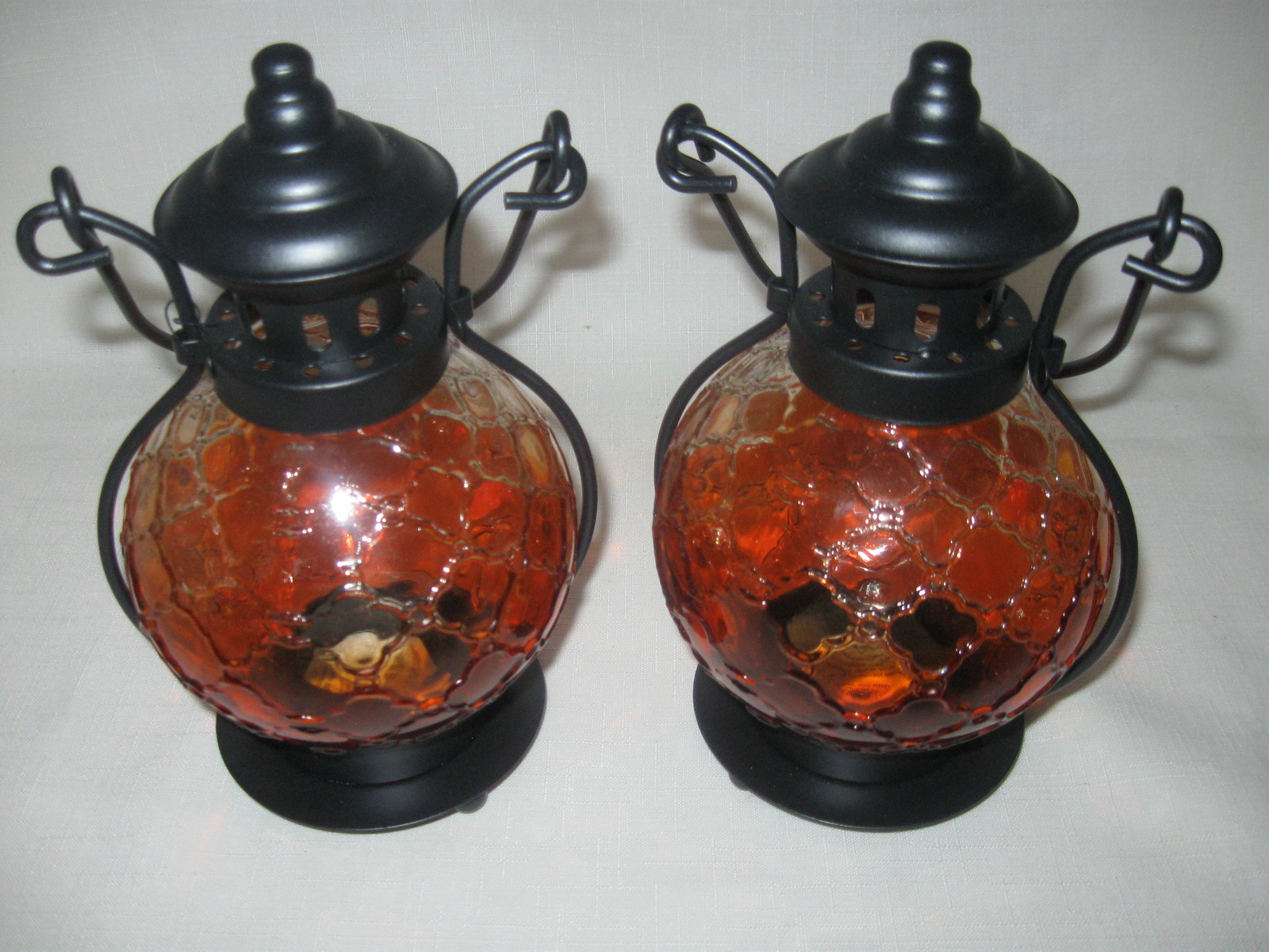 Primary image for  Amber Glass Black Metal Handle  Hurricane Lamp Tea Light Candle Holder Qty 2