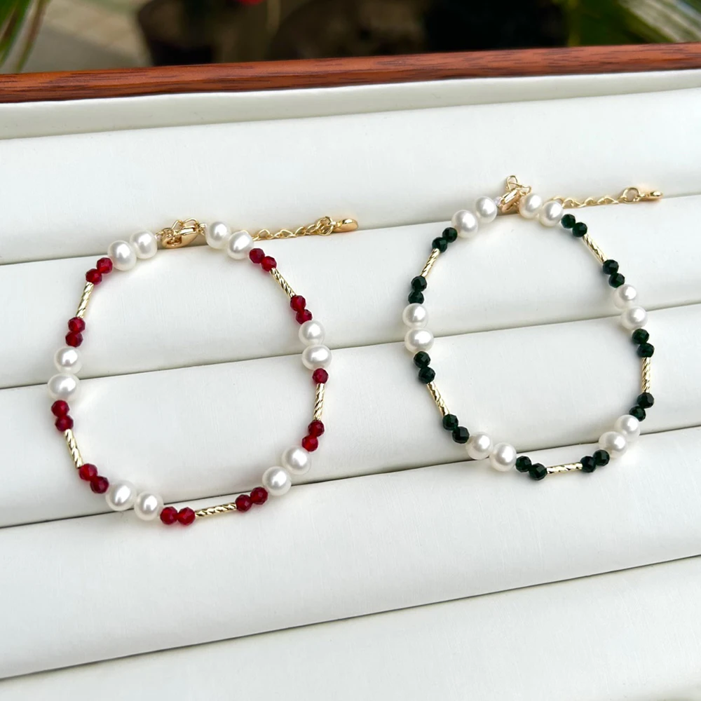4-5mm Natural Aurora Real Freshwater Pearl Bracelet with Red and Black Spinel - £51.81 GBP+