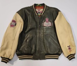 Vtg 90&#39;s Disney Store Brown Trader Mickey Leather Letterman Jacket - Size Large - £208.35 GBP