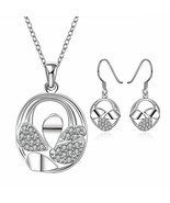 Circle Leaf Pendant Necklace and Earrings Silver - £12.65 GBP
