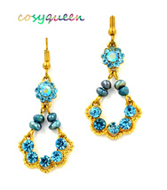 Beautiful women aquamarine rhinestone floral drop hook pierced earrings - $9,999.00