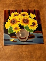 Hand Painted Ceramic Porcelain Art Yellow Sunflowers Vase Large Wall Til... - $49.50