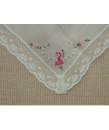 Antique Handkerchief 11"x11" handmade floral embroidered lace edge hand stitched - $40.49