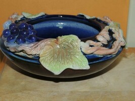 Grapevine Grape Branch 7&quot;x3&quot; Bowl Polychrome Drip Glaze Majolica style C... - $60.02 CAD