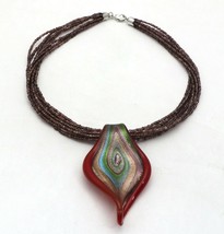 Beaded Necklace with Colorful Swirls Design Resin Red Pendant - £11.06 GBP