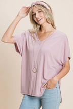 Solid V Neck Casual And Basic Top With Short Dolman Sleeves And Side Sli... - $21.50