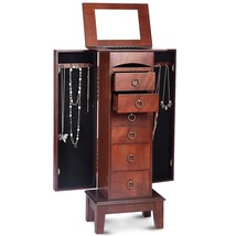 Medium Brown Wood Jewlery Armoire Storage Chest Cabinet with Mirror - £283.01 GBP