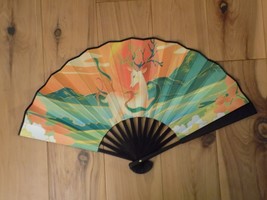 Japanese Art Print Silk Hand Folding Fan Fashion Decor Mountains Sunrise... - £21.51 GBP