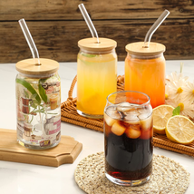 6Pcs Beer Can Glass Cups with Lids and Straws Iced Coffee Fruit Juices Glasses - £30.04 GBP