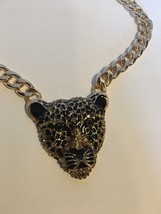 Natasha Black Panther Jaguar Leopard Crystal Gold Tone Head Statement Necklace  - £66.25 GBP