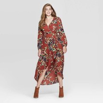 Women&#39;s Floral Long Sleeve Deep VNeck High Low Hem Wrap Midi Dress Xhilaration S - £12.99 GBP