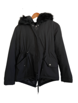 ZARA WOMAN Womens Coat Black Faux Fur Trimmed Winter Full Zip Long Sleeve Sz M - £22.30 GBP