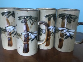 SET 4 Tall Speckled Stoneware  MUGS Bamboo  Japan Vintage EEUC!!! - $77.22