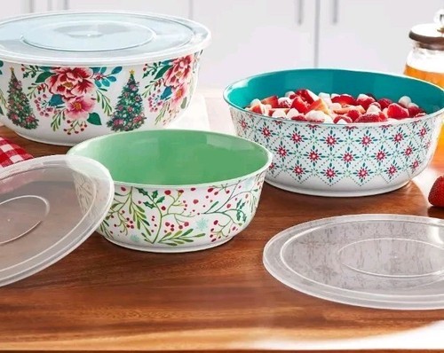 Pioneer Woman ~ 6-Piece Melamine Bowl Set ~ Nesting Bowls w/Lids ~ MERRY PRINT Item image 6