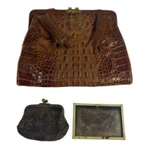1920s Vintage Brown Alligator Kisslock Clutch Leather Purse Mirror Coin Purse 7” - £95.25 GBP