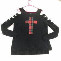 FOREVER 21 Scotch Plaid Cross Black Sweater Ladder Cut Cold Shoulder Small - £6.95 GBP