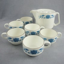 Blue White Fine Bone China Teapot and 6 Tea Cup Set Gold Trim Red Roses Tangshan - £27.41 GBP