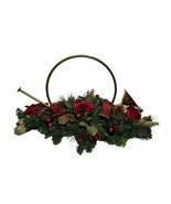 Vintage Brass Bugle 19&quot; Horn Ivy Red Bow Pine Floral Pinecone Christmas ... - $67.11 CAD