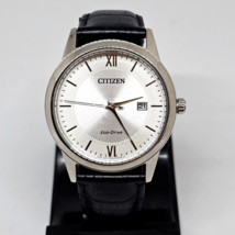 Citizen Eco-Drive Men&#39;s Date Silver Tone Case Leather Strap Watch 40mm - £39.83 GBP