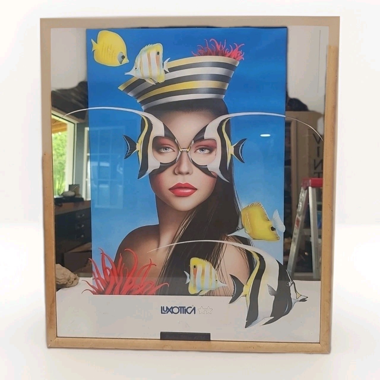 Vtg LUXOTTICA Paola Casagrande Fish glasses Art Framed Mirror Print 18x2... - $346.50
