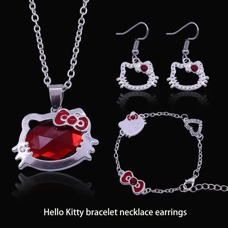 Hello Kitty Bracelet Necklace Earrings Ruby Jewelry Set Accessories Fashion - £10.63 GBP+