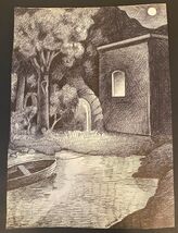 Bill Jameson Surrealism Drawing "Lake House" 1969 - $30.00