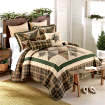 Donna Sharp Pine Star Cotton Embroidered Pinecones King Quilt Set Rustic Lodge - £196.10 GBP