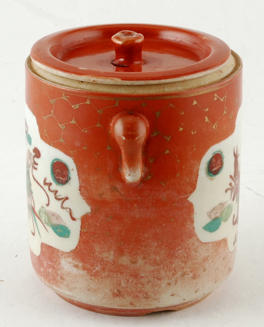 Old Chinese Tea Cup w Lid Hand Painted Dragon Phoenix Orange Color Item image 4