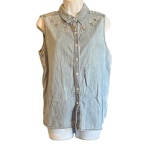 Chicos Womens 2 Blue Chambray Rhinestone Embellished Button Down Blouse Top - £10.94 GBP