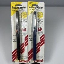 Vintage Pentel Rolling Writer Lot Of 2 Ink Pens Black &amp; Blue 0.4 MM Bold USA - £17.95 GBP