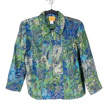 Ruby Rd Blazer Jacket 14P Womens Petite Green Blue Full Zip Leaf Abstract Rayon - £18.57 GBP