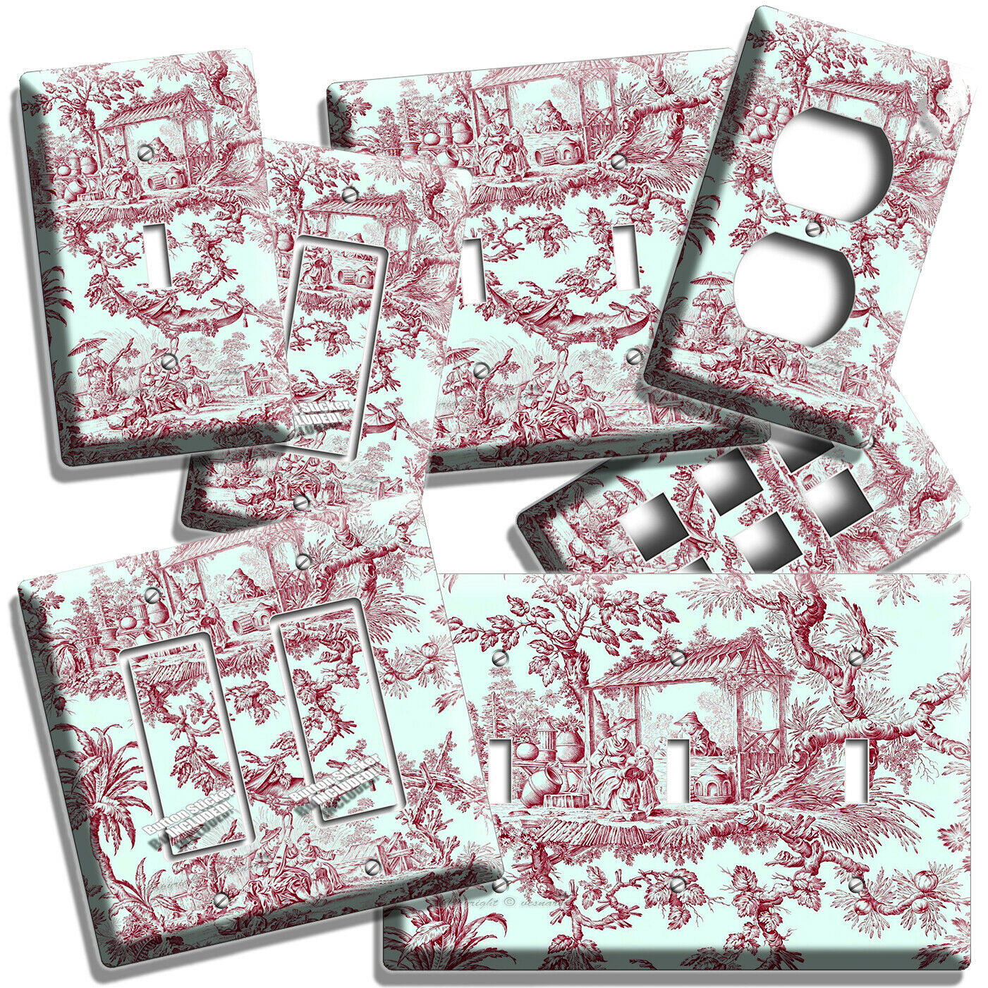 TOILE DE JOUY BURGUNDY EUROPEAN PATTERN LIGHT SWITCH OUTLET WALL PLATE ART DECOR
