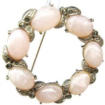 Pink Cabochon Open Circle Wreath Marcasite Paved Brooch Pin Costume Vtg Round - £27.09 GBP