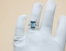 925 Sterling Silver Emerald Cut Aquamarine Ring March Birthstone Gift Ring - £47.69 GBP