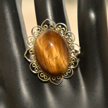 large gold filigree tiger&#39;s eye gemstone cocktail ring adjustable - £19.77 GBP