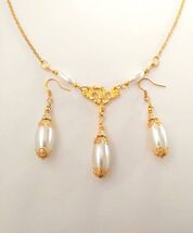 Gold Victorian pearl jewelry set filigree gold set necklace and earrings... - €45,04 EUR