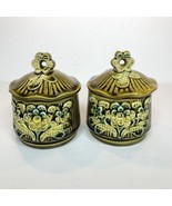 Two Green Floral Ceramic Sugar Jars Compotes with Lids Made in Japan Vin... - $12.16