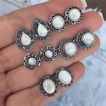 LETAPI Bohemian Silver Color Vintage Opal Stud Earrings Set For Women Retro Flow - £7.48 GBP